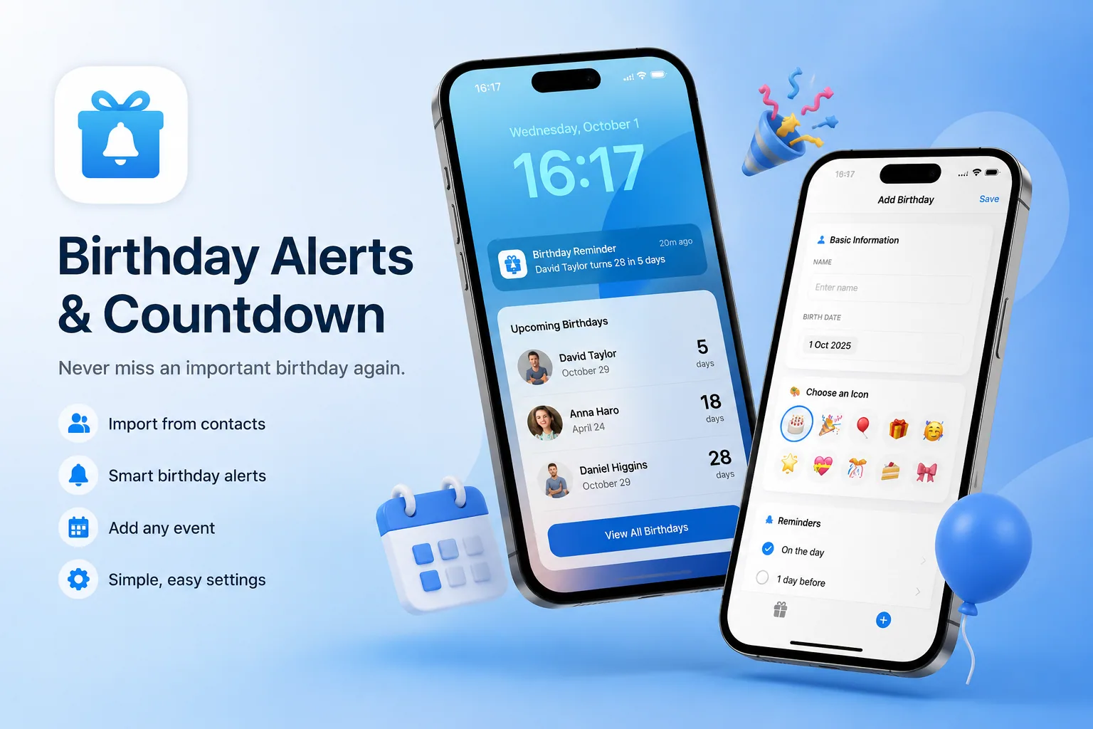 Birthday Alerts bursdagsapp med nedtelling, kontaktimport, varsler og merkedager