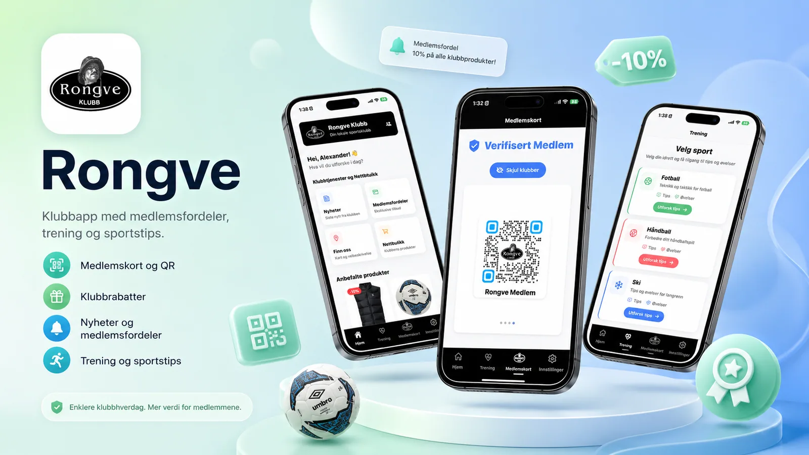 Rongve klubbapp med medlemskort, QR-kode, klubbrabatter, nyheter og sportstips