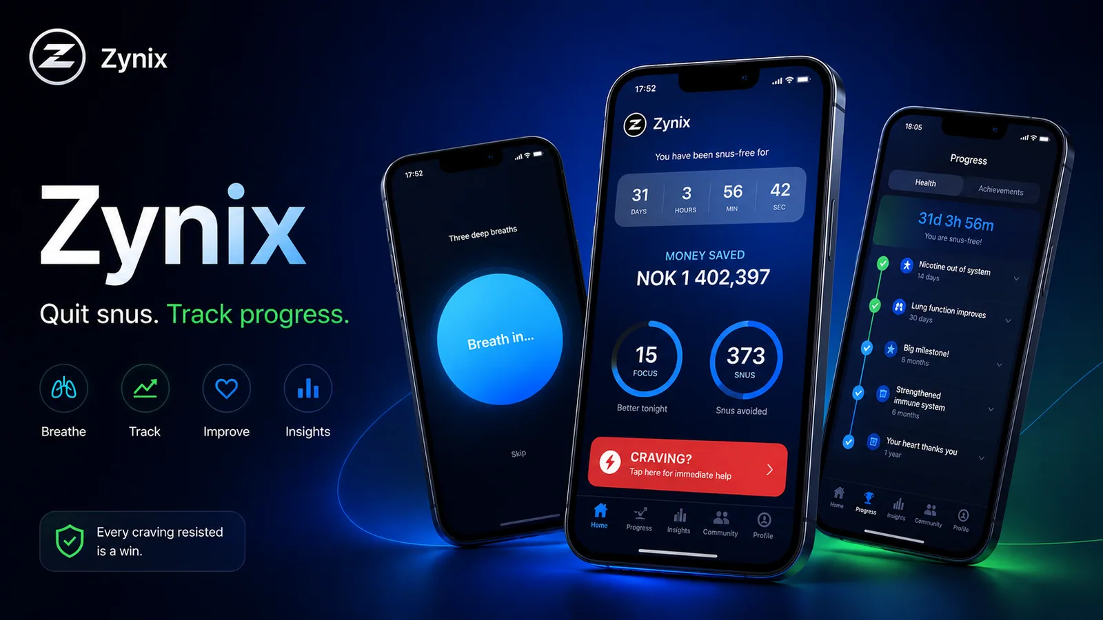 Zynix snusslutt-app med pustemodul, spart penger, craving-hjelp og helsefremgang