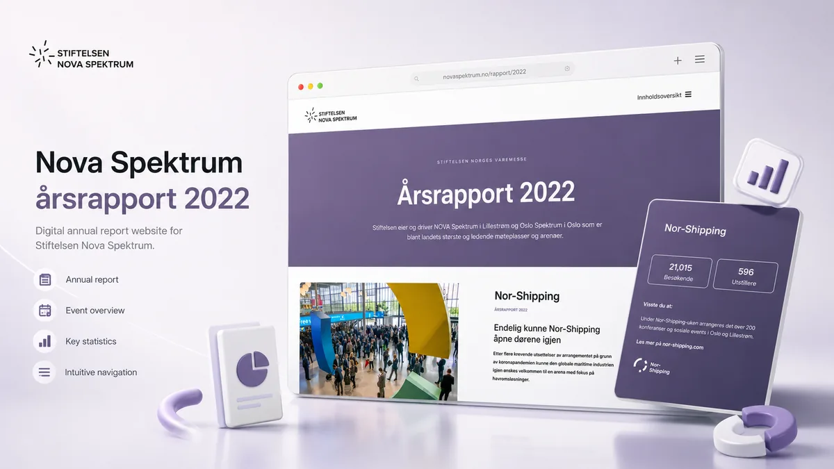 Stiftelsen Nova Spektrum digital årsrapport for 2022 med visuelle seksjoner, nøkkeltall og animasjoner